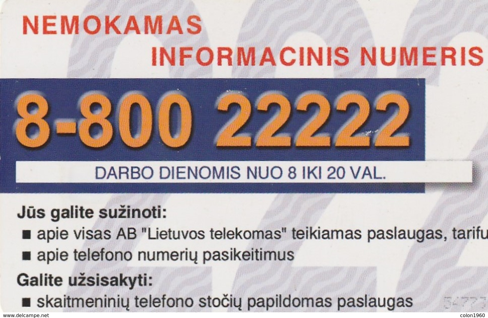 LITUANIA. CHIP. Information Number 8-800 22222. LT-LTV-C022. (075). - Lituania