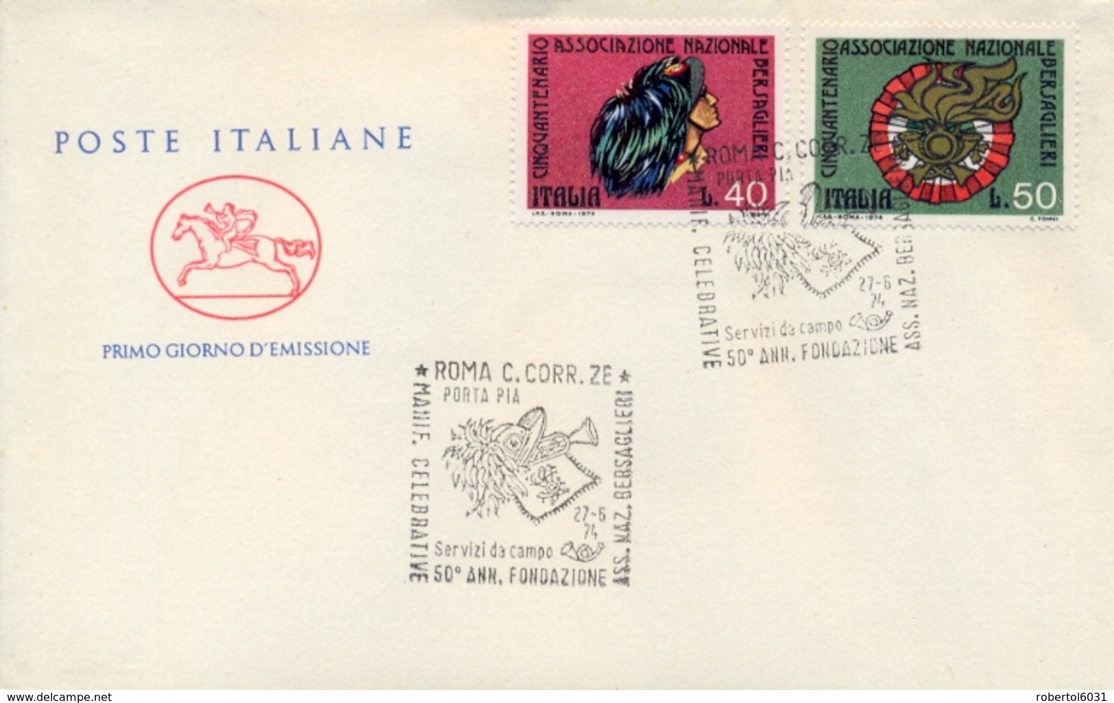 Italia Italy 1974 FDC CAVALLINO 50° Fondazione Associazione Nazionale Bersaglieri - Militaria