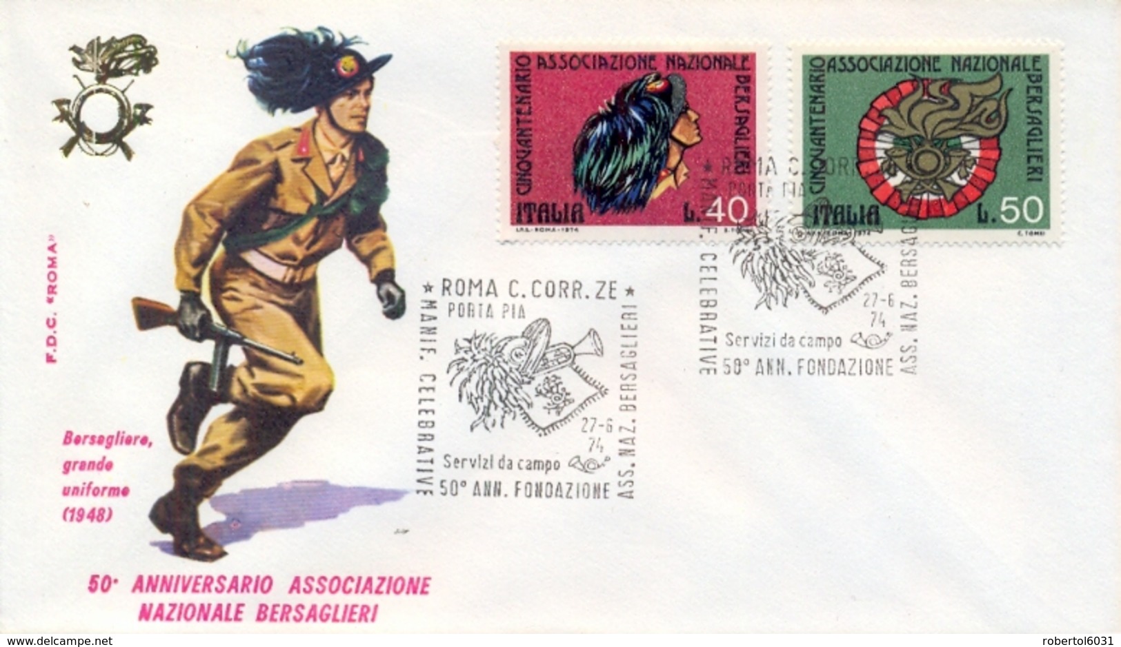 Italia Italy 1974 FDC ROMA 50° Fondazione Associazione Nazionale Bersaglieri - Militaria