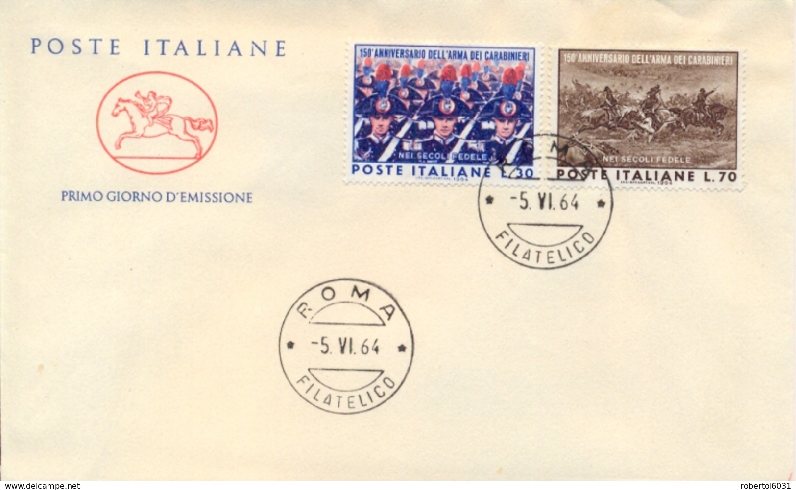 Italia Italy 1964 FDC CAVALLINO 150° Fondazione Arma Dei Carabinieri - Militaria