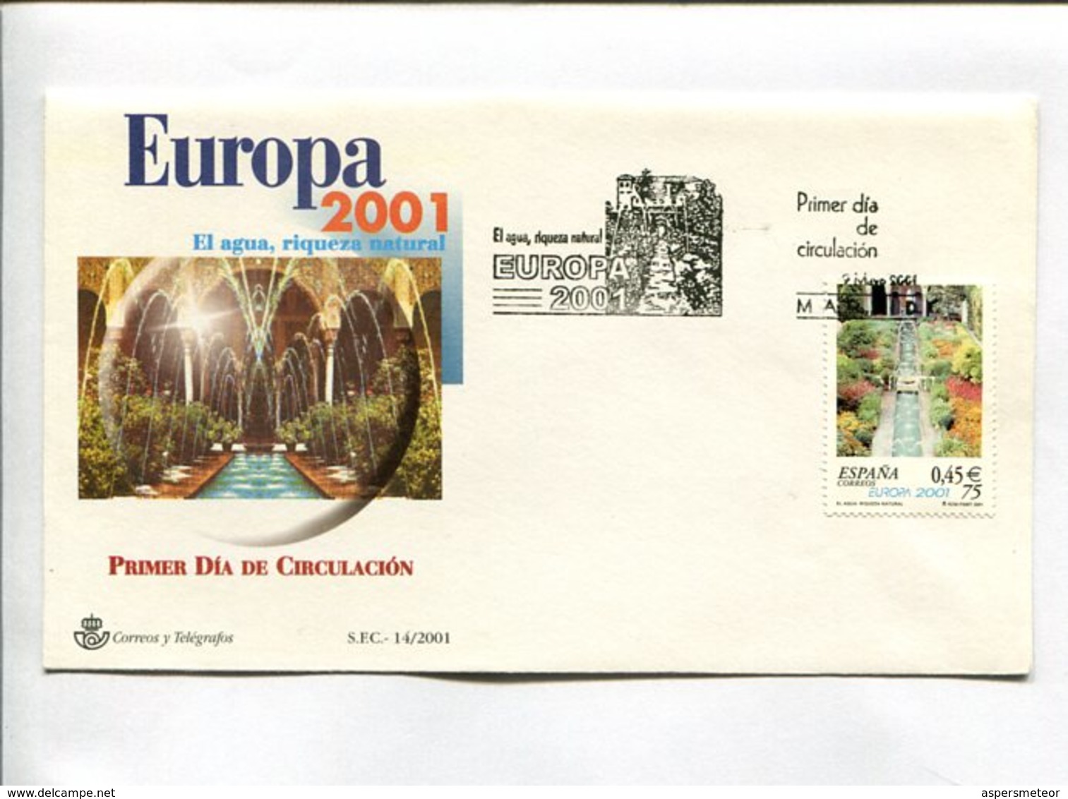 EUROPA 2001 EL AGUA RIQUIZA NATURAL. MADRID ESPAÑA 2001 ESPAGNE ENVELOPE FDC SOBRE PRIMER DIA  -LILHU - Storia Postale