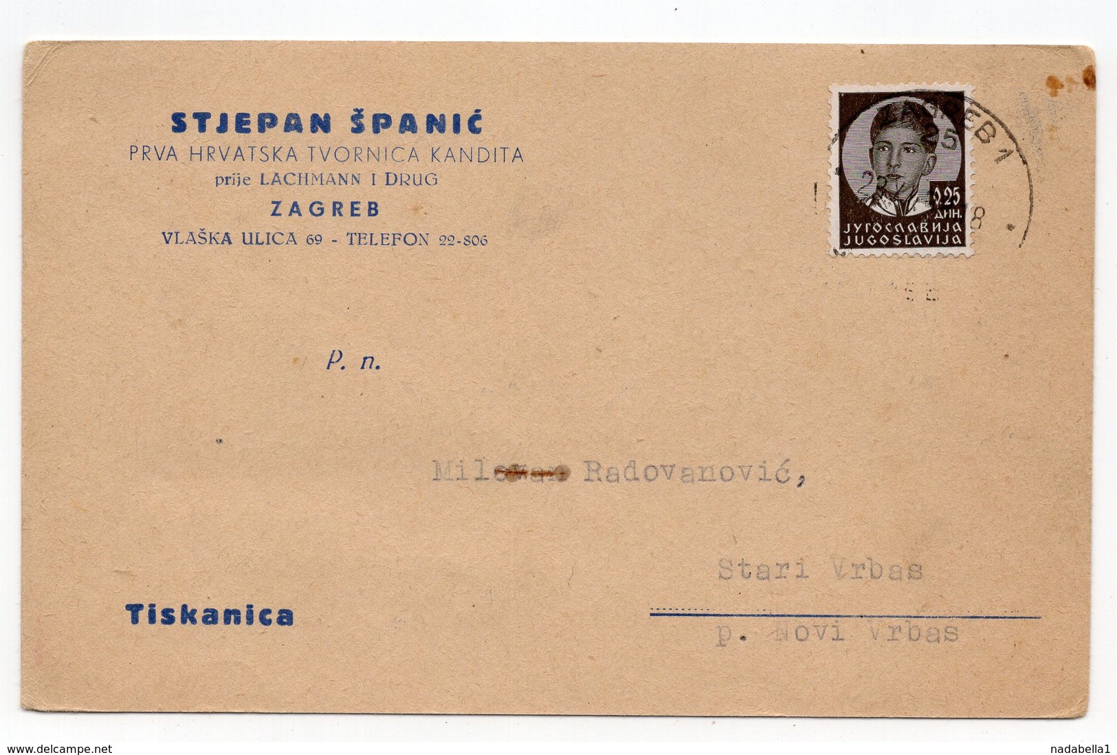 1938 YUGOSLAVIA, CROATIA, ZAGREB TO STARI VRBAS, SPANICEVI BOMBONI, SWEETS MANUFACTURING, CORRESPONDENCE CARD - Covers & Documents