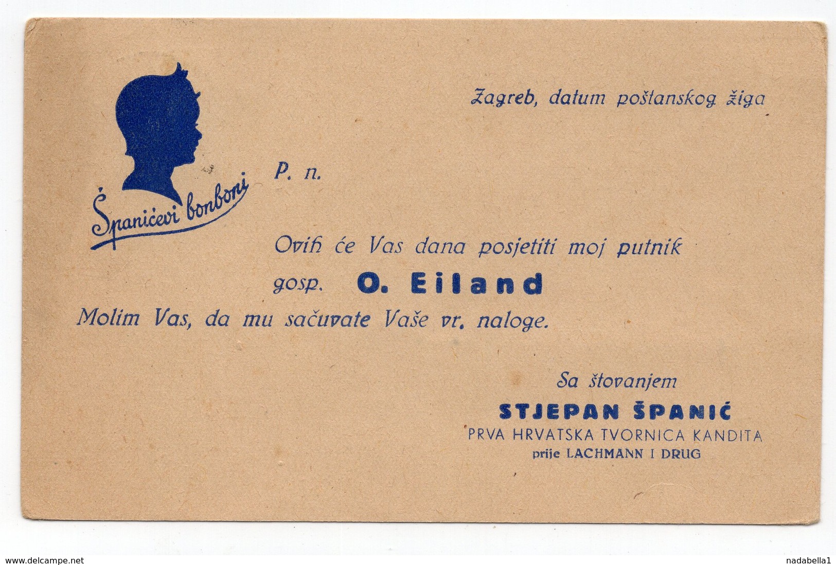 1938 YUGOSLAVIA, CROATIA, ZAGREB TO STARI VRBAS, SPANICEVI BOMBONI, SWEETS MANUFACTURING, CORRESPONDENCE CARD - Covers & Documents