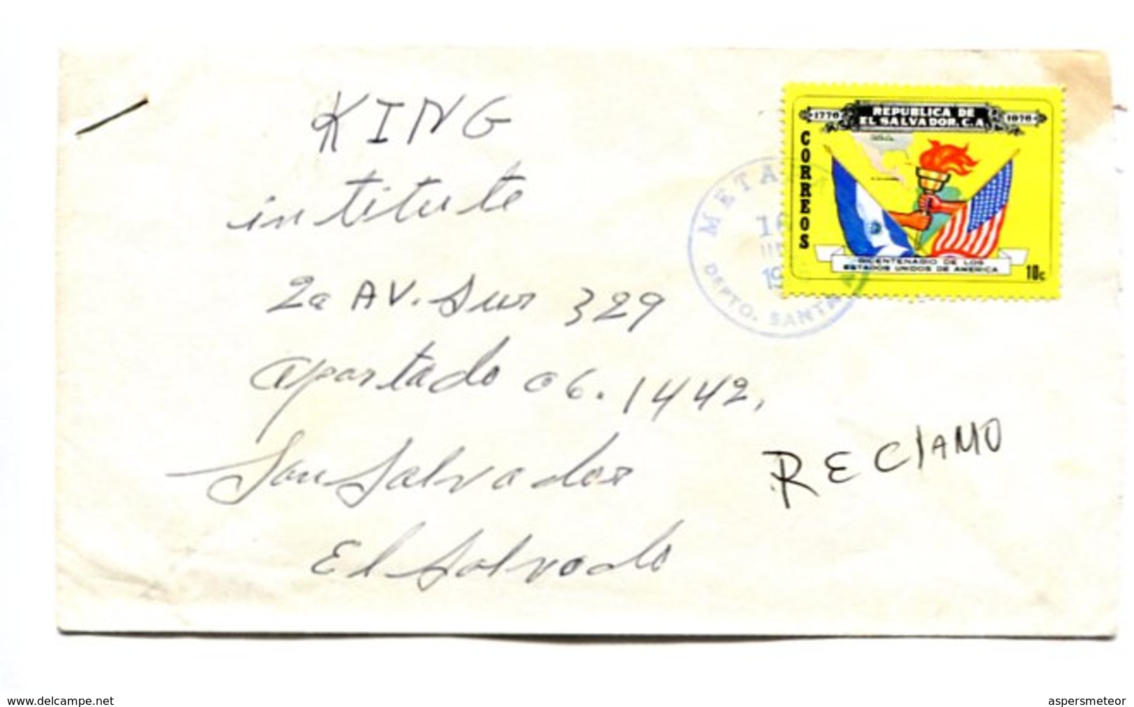 SOBRE CIRCULADO DE METAPAN A SAN SALVADOR, EL SALVADOR. AÑO 1976. ENVELOPE CIRCULEE -LILHU - El Salvador