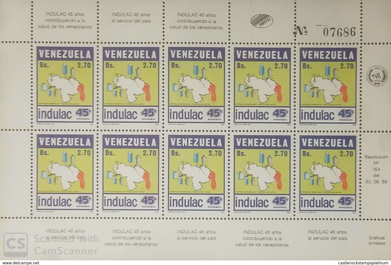 O) 1986 VENEZUELA, MAP-SCT 1358 - INDULAC INDUSTRIA LACTE  - PROCESSING COMPANY, MNH - Venezuela