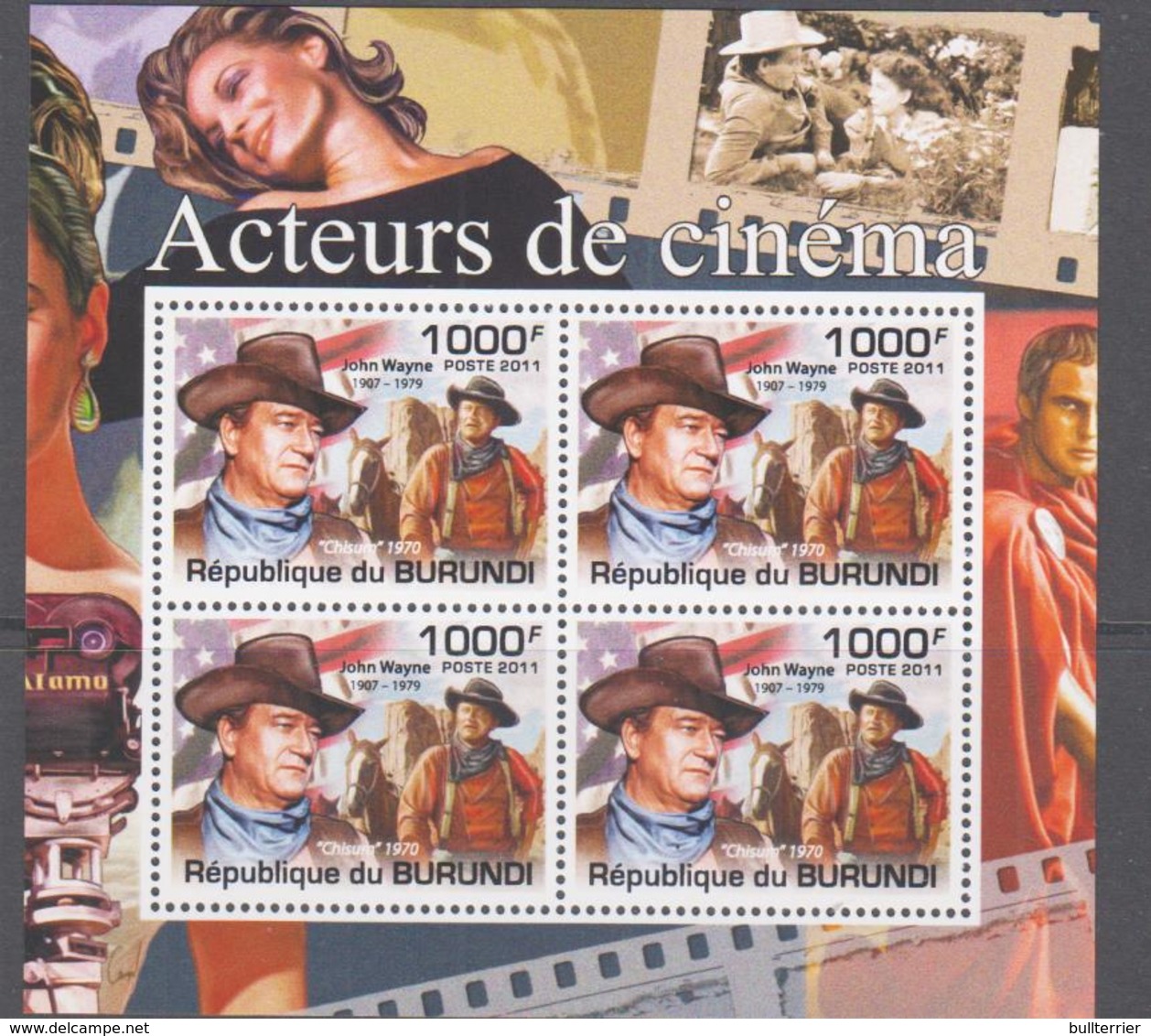 FREEMASONS - BURUNDI - 2011- JOHN WAYNE 1000FR SHEETLET OF 4  MINT NEVER HINGED - Massoneria