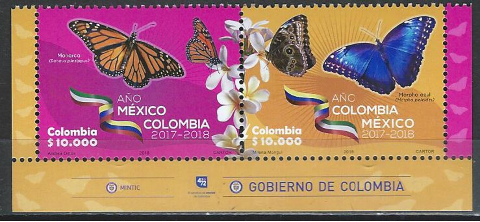 Colombia. Scott # 1481a-b, MNH Pair. Diplom. Relations Butterflies. Joint Issue With Mexico  2018 - Joint Issues