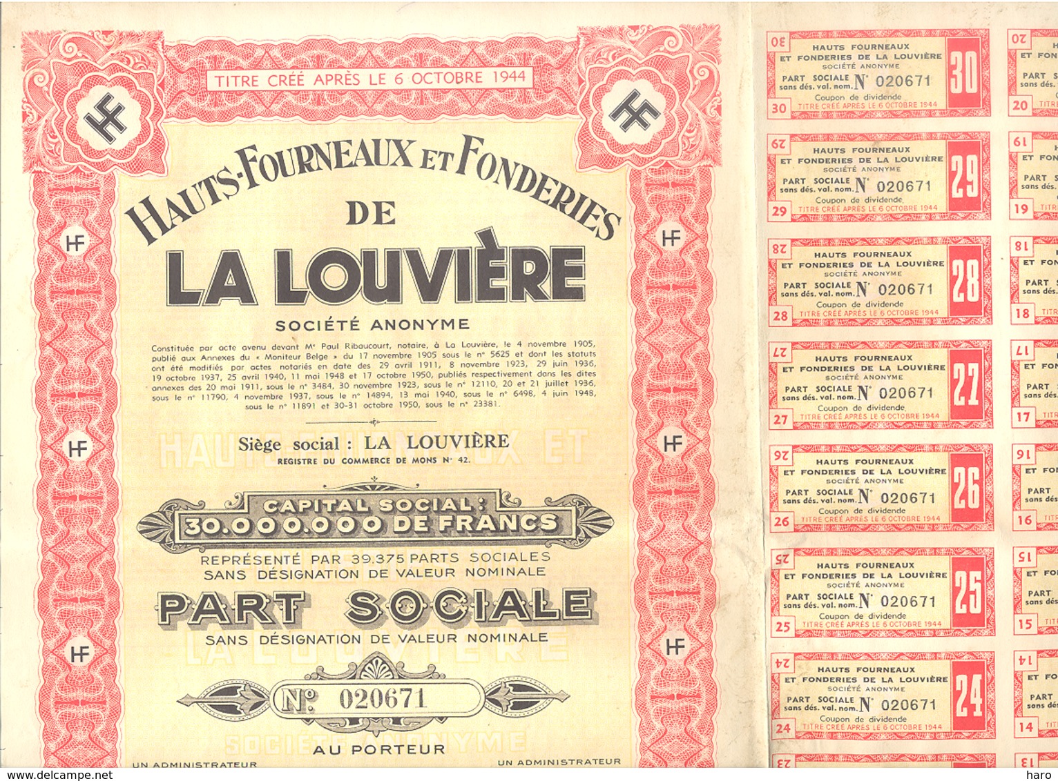 Action / Titre - Hauts Fourneaux Et Fonderies De LA LOUVIERE SA Avec 18 Coupons (b257) - J - L