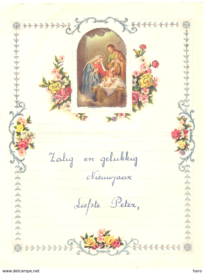 Lettre De Voeux Avec Découpis ( Noël, Crèche, Fleurs )  HOLSBEEK 1956  (b257) - Kerstmotief