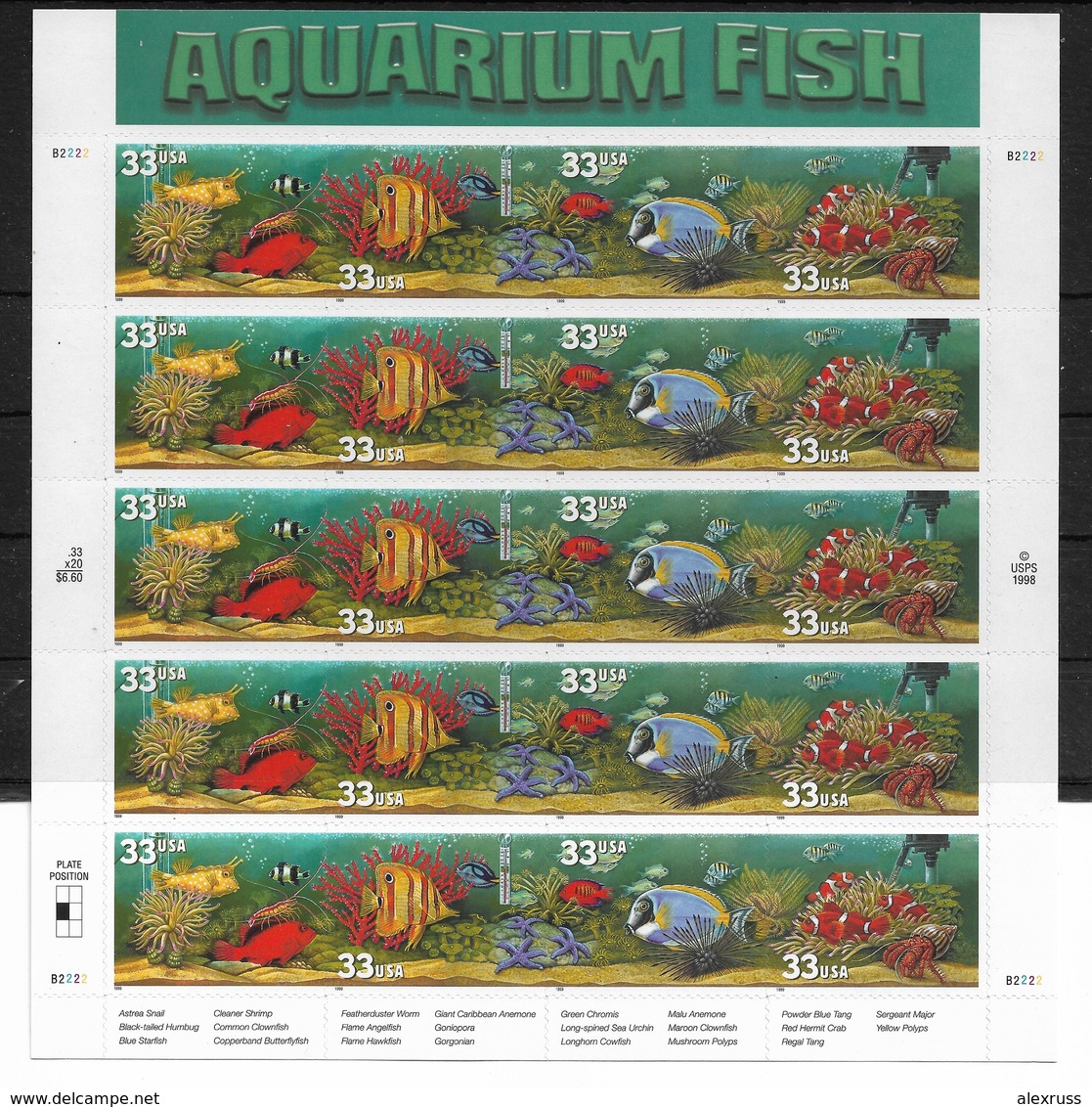 US 1999 Full Sheet Aquarium Fish, Scott # 3317-20, VF MNH** - Ganze Bögen