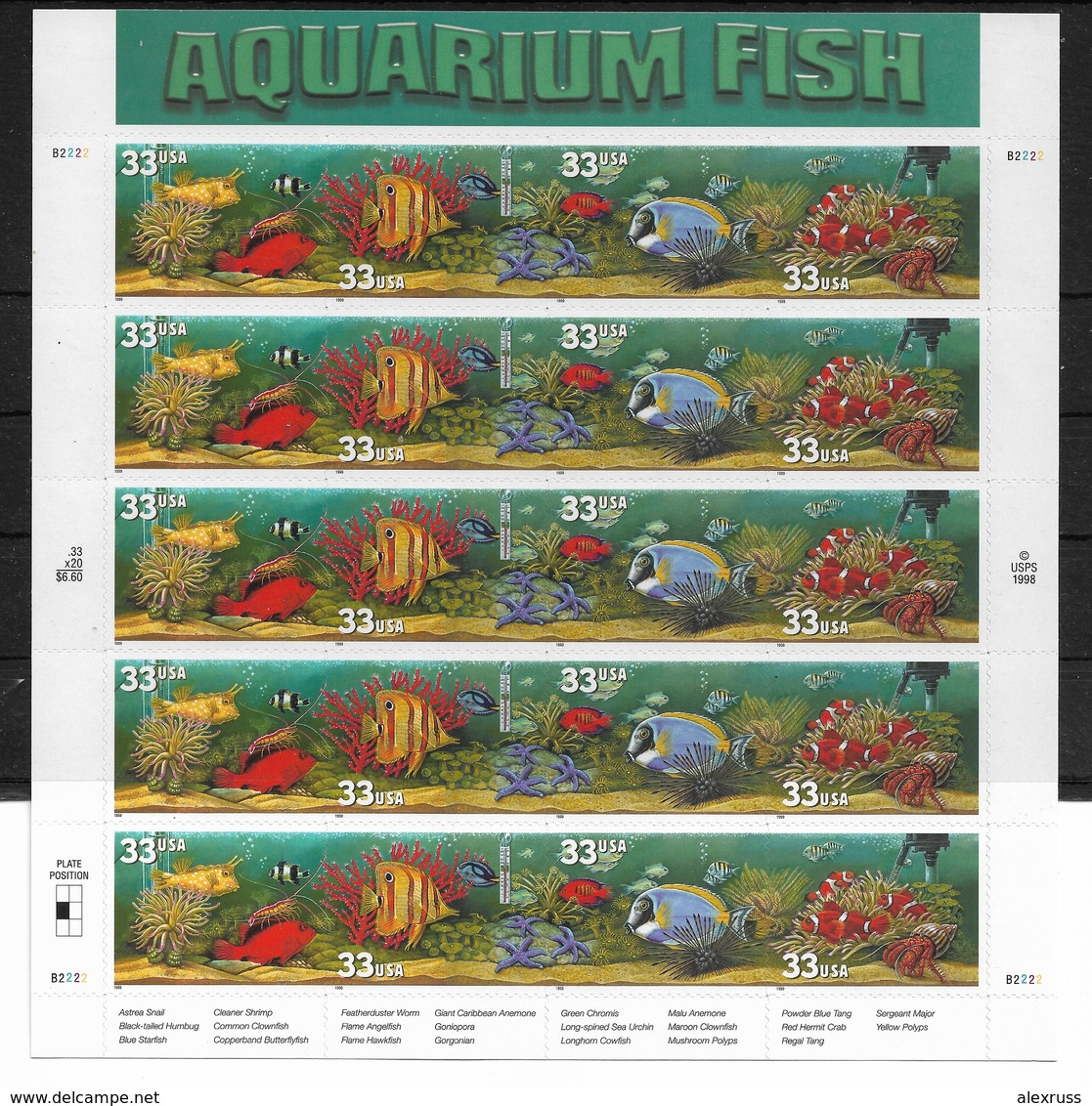 US 1999 Full Sheet Aquarium Fish, Scott # 3317-20, VF MNH** - Fishes