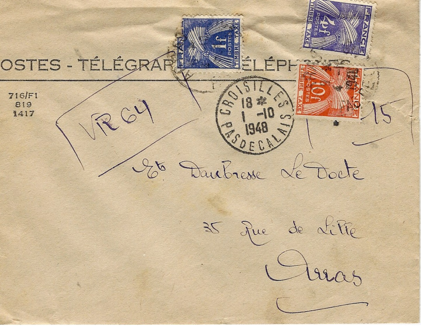 1948- Enveloppe Des P T T De Croisilles ( Pas De Calais ) TAXEE à 15 F  ( 2ème échelon  ) - 1859-1959 Lettres & Documents