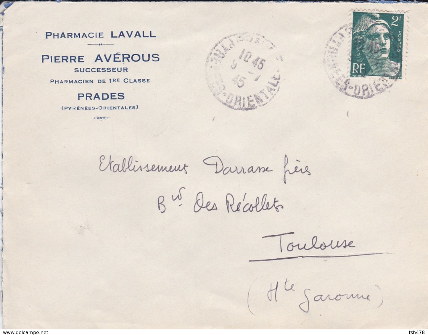 LETTRE--66---PRADES---Pierre AVEROUS Successeur--pharmacie LAVALL--voir 2 Scans - 1921-1960: Période Moderne