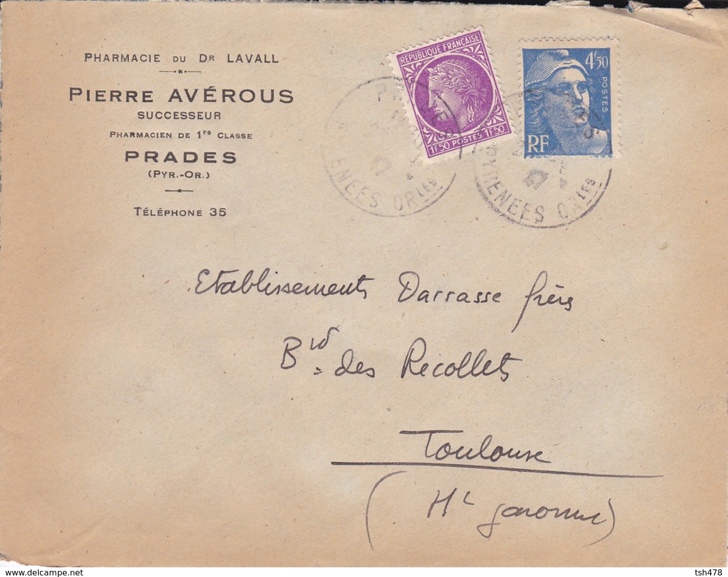 LETTRE--66---PRADES---Pierre AVEROUS Successeur--pharmacie  Du Dr LAVALL--voir 2 Scans - 1921-1960: Période Moderne