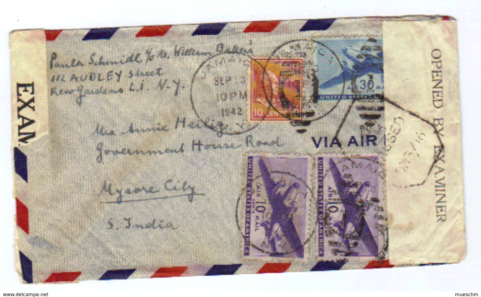 USA, 1942, Briefkuvert Mit Mehrfachfrankatur Nach Indien, Mit Zensurstriefen "OPENED BY EXAMINER",(9325W) - Briefe U. Dokumente