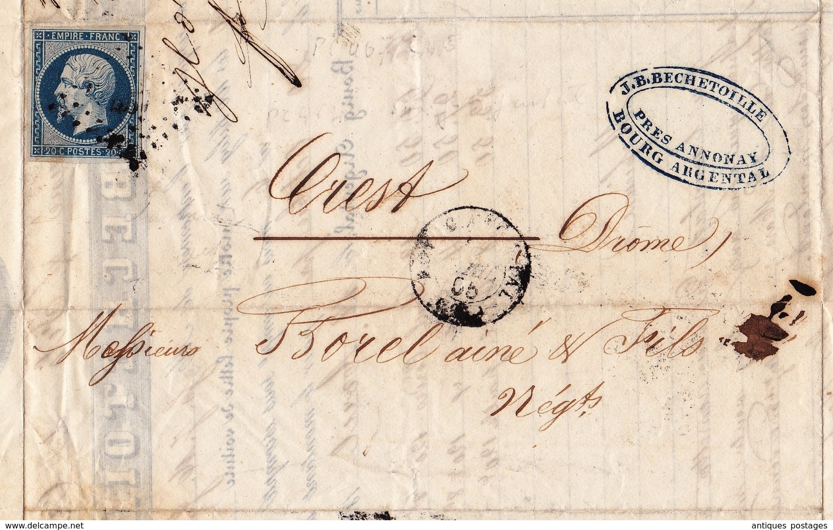 Lettre 1855 Bourg Argental Loire Manufacture De Papier Bechetoille Crest Drôme - 1853-1860 Napoleon III