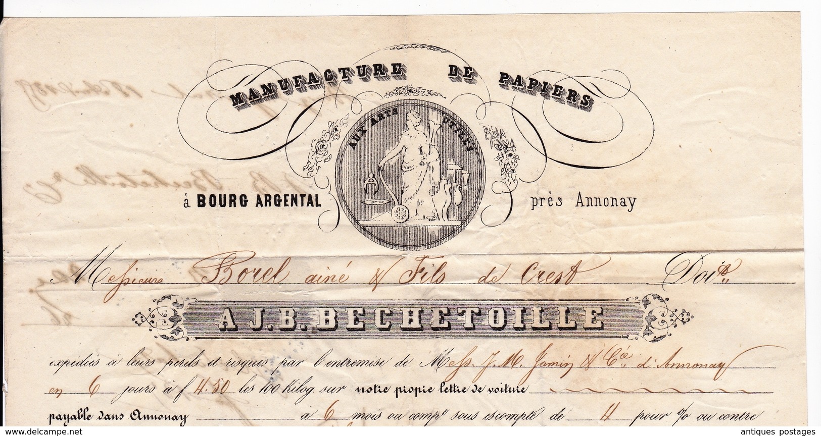 Lettre 1855 Bourg Argental Loire Manufacture de Papier Bechetoille Crest Drôme