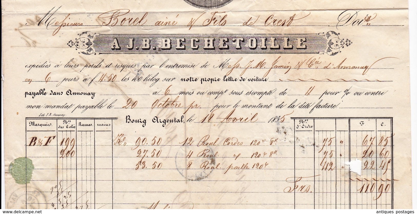 Lettre 1855 Bourg Argental Loire Manufacture de Papier Bechetoille Crest Drôme