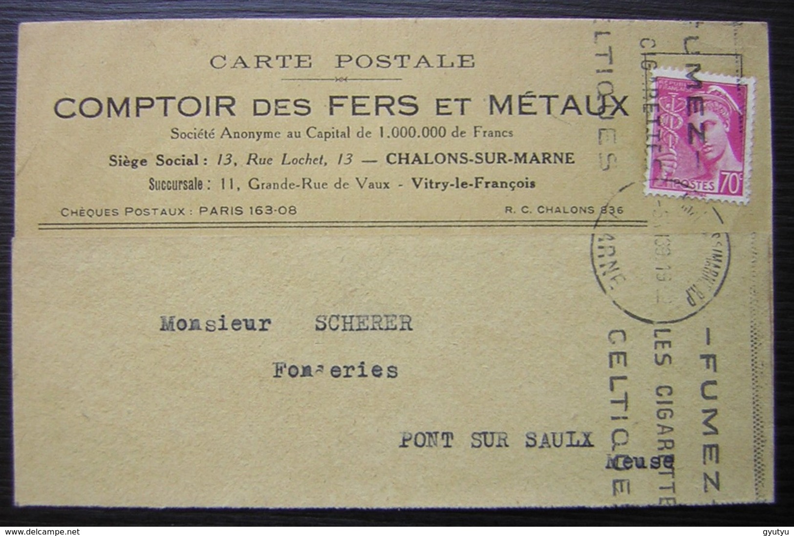 Châlons Sur Marne 1939 Comptoir Des Fers Et Métaux Carte Pour Pont Sur Saulx (Meuse) - 1921-1960: Période Moderne