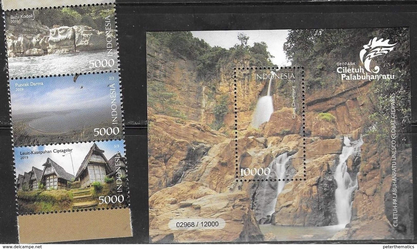 INDONESIA, 2019, MNH, GEOPARKS, GEOPARK CILETUH-PALABUHANRATU, LANDSCAPES, WATERFALLS, 3v+S/SHEET - Other & Unclassified