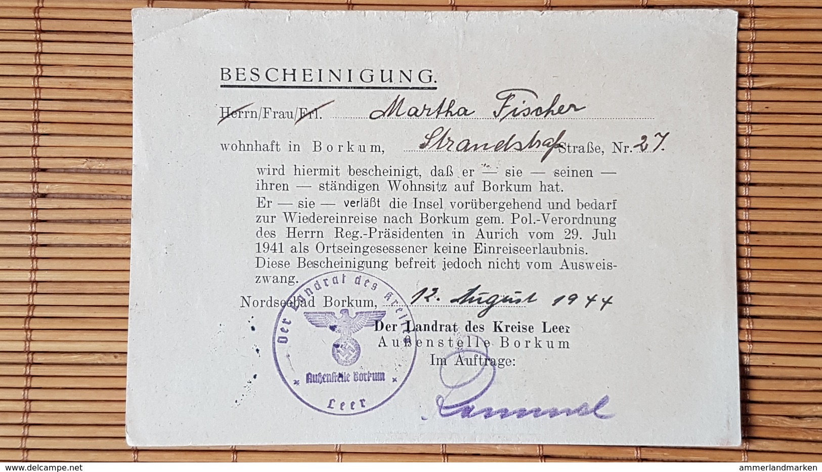 Bescheinigung Wohnsitz Borkum,  1941 - Documentos