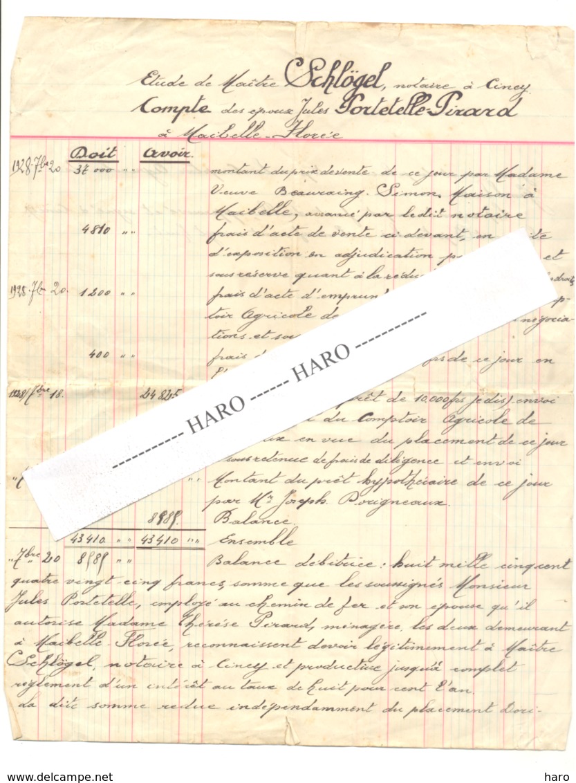 Feuille De Compte Du Notaire SCHLÖGEL De CINEY En 1928 - Famille Portelle De Maibelle Florée (b258) - Manuscripts