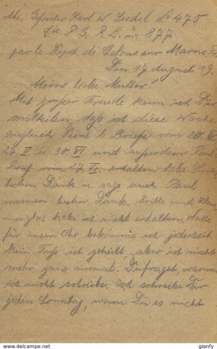 WWI PRIGIONIERI POW CAMP DEPOT CHALON SUR MARNE FRANCE 1915 GERMANY ELSTERBERG - Military Mail (PM)