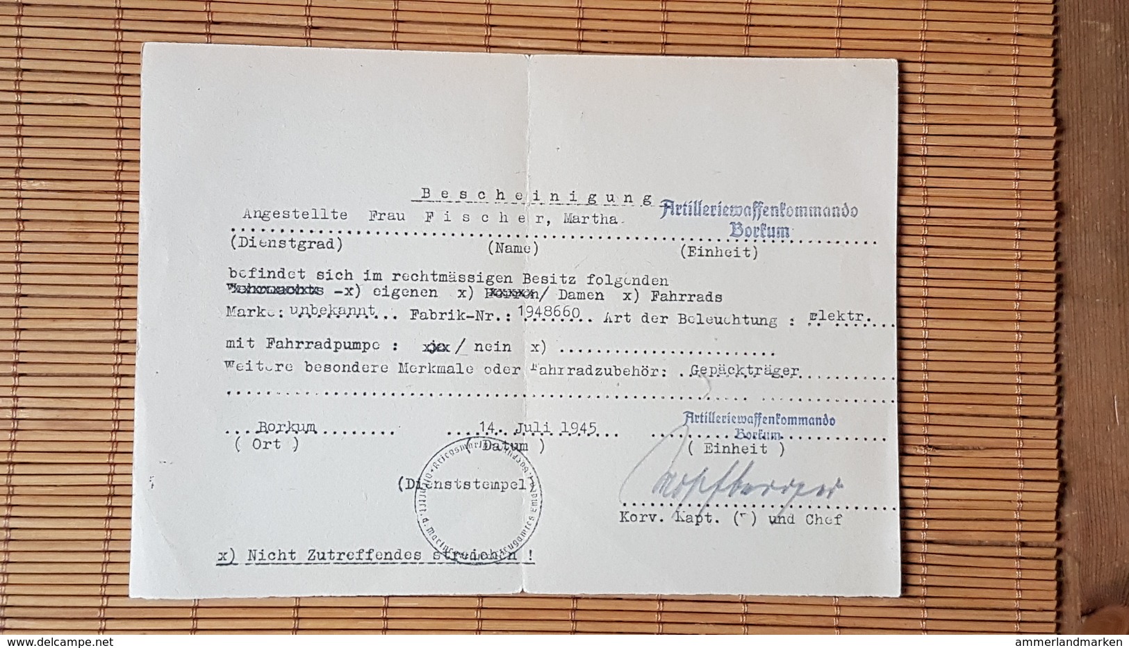Bescheinigung über Den Besitz Eines Fahrrades In Borkum,  Artilleriewaffenkommando Borkum, Juli 1945 - Dokumente