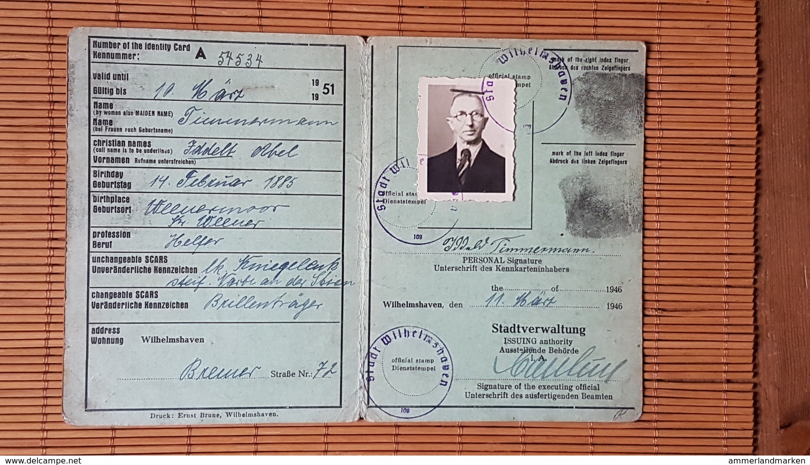 Kennkarte, Wilhelmshaven 1946 Mit Lichtbild - Dokumente