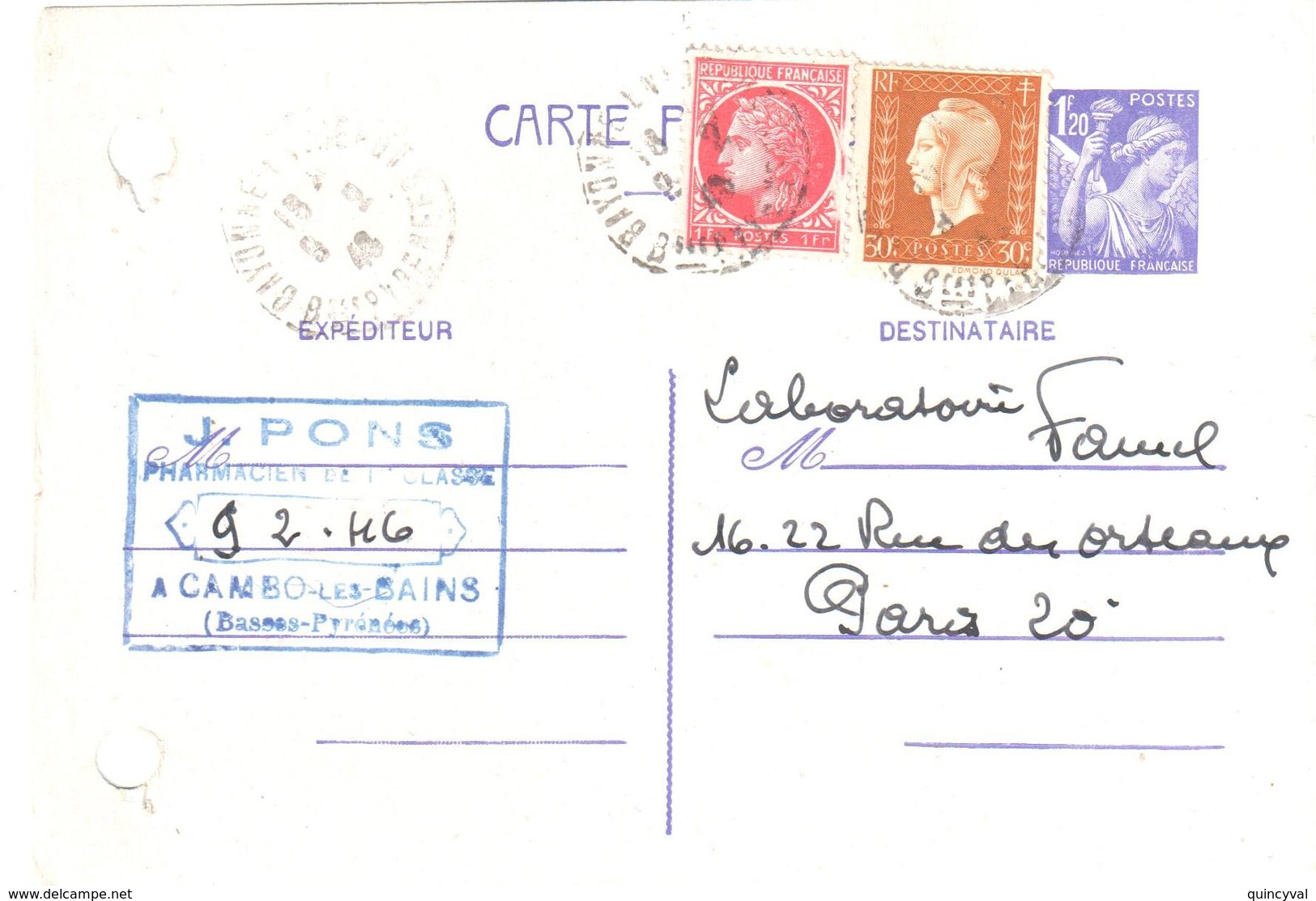 BAYONNE Basses Pyrénées Carte Postale Entier Iris 1,20 F Yv 651-CP1 Complément 1F Mazelin 30c Dulac Yv 683 676 Ob 1946 - Lettres & Documents