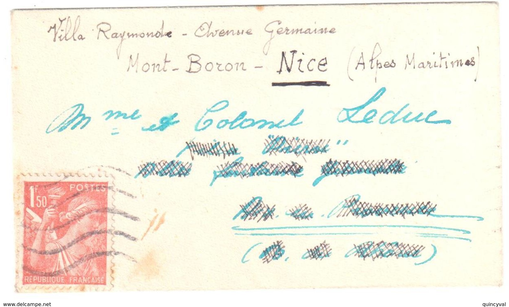 Carte De Visite Mignonnette Dest Aix En Provence Réexpédiée Nice 1,50 F Iris Yv 652 Ob Méca Sans Date - Lettres & Documents