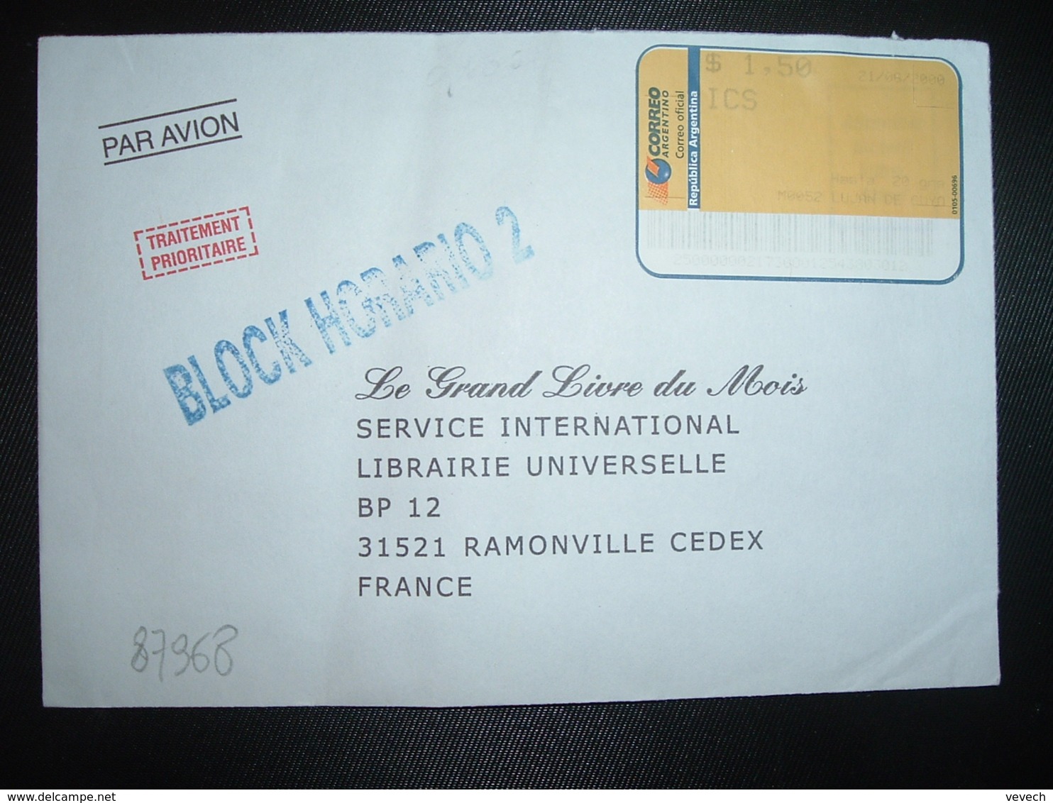 LETTRE Par Avion Pour La FRANCE VIGNETTE S 1,50 Du 21/06/2000 + Griffe Bleue BLOCK HORARIO 2 - Frankeervignetten (Frama)