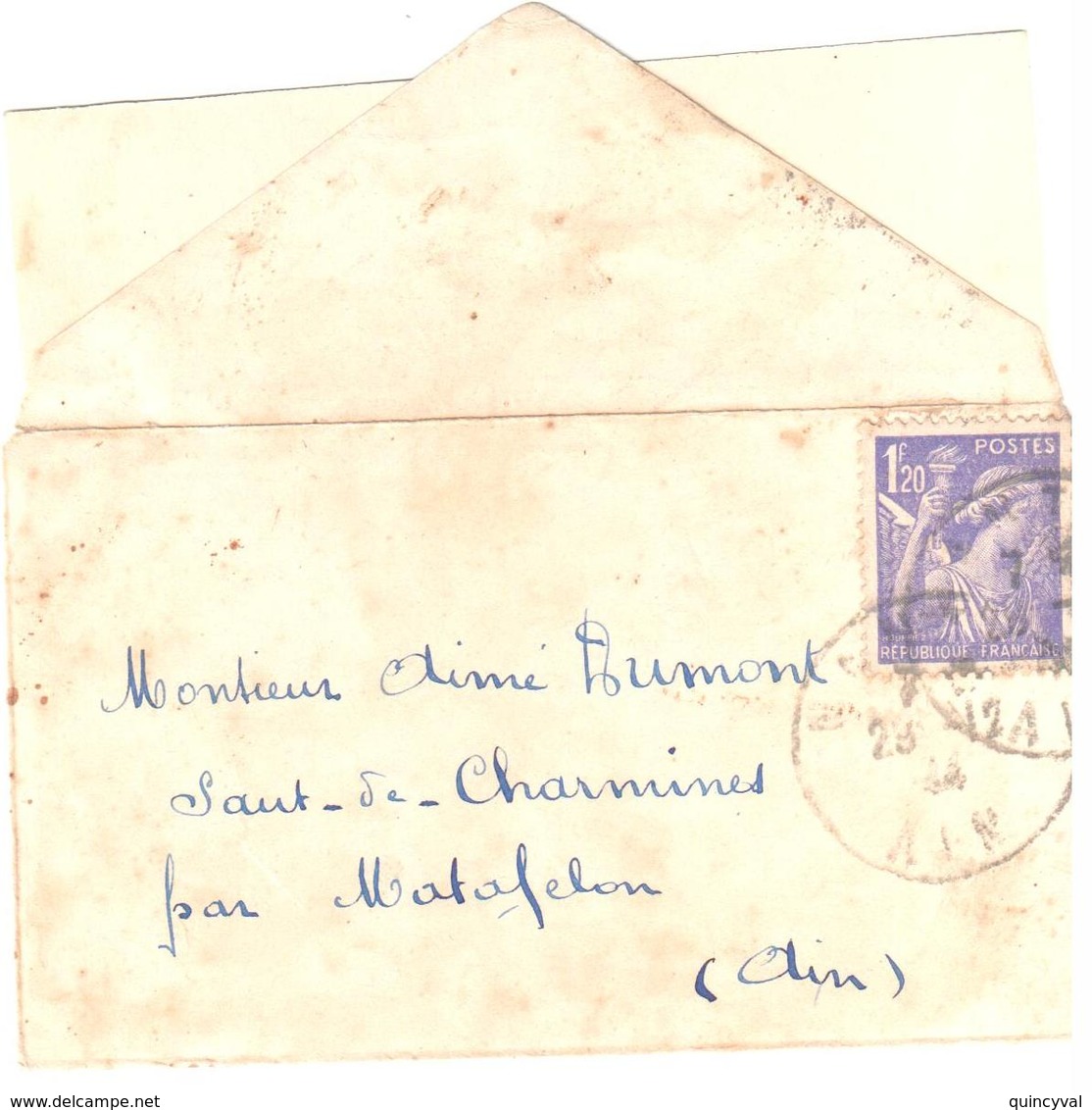 NANTUA Ain Carte De Visite Mignonnette Des  Saut De Charmines Ain 1,20 F Iris Yv 651 Ob 1944 Avec Carte - Lettres & Documents