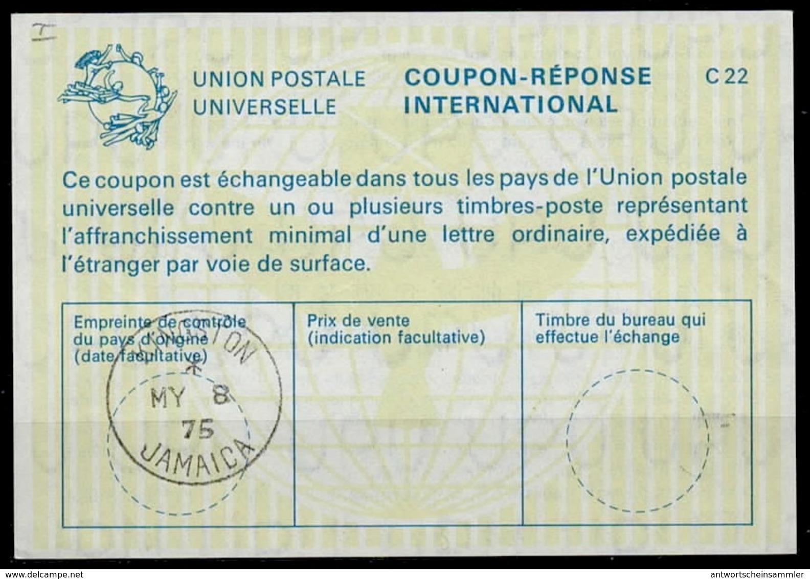 JAMAICA / JAMAIQUE  La22  International Reply Coupon Reponse Antwortschein IAS IRC  o KINGSTON 08.05.75 - Jamaica (1962-...)