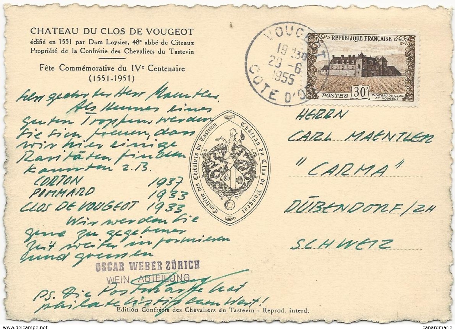 CARTE POSTALE 1955  AVEC TIMBRE A 30 FR CHATEAU DU CLOS DE VOUGEOT - 1921-1960: Moderne