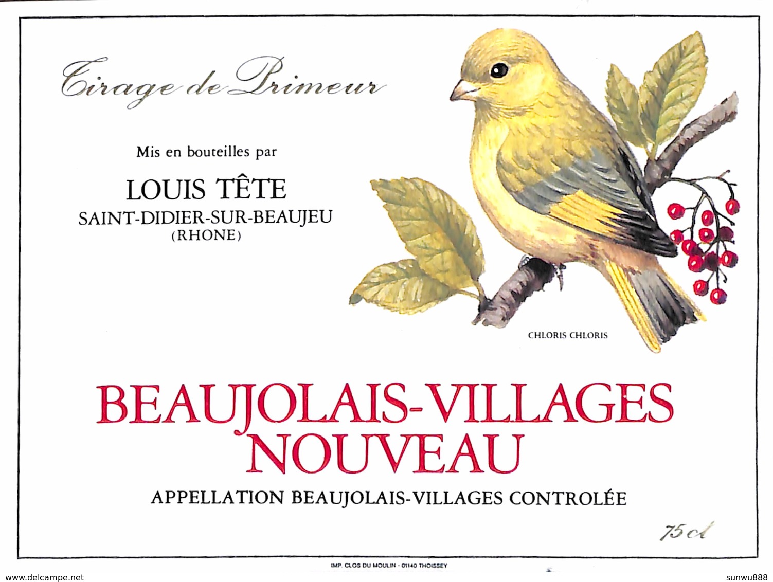 Beaujolais-Villages Nouveau Louis Tête Oiseau Tirage De Primeur - Autres & Non Classés