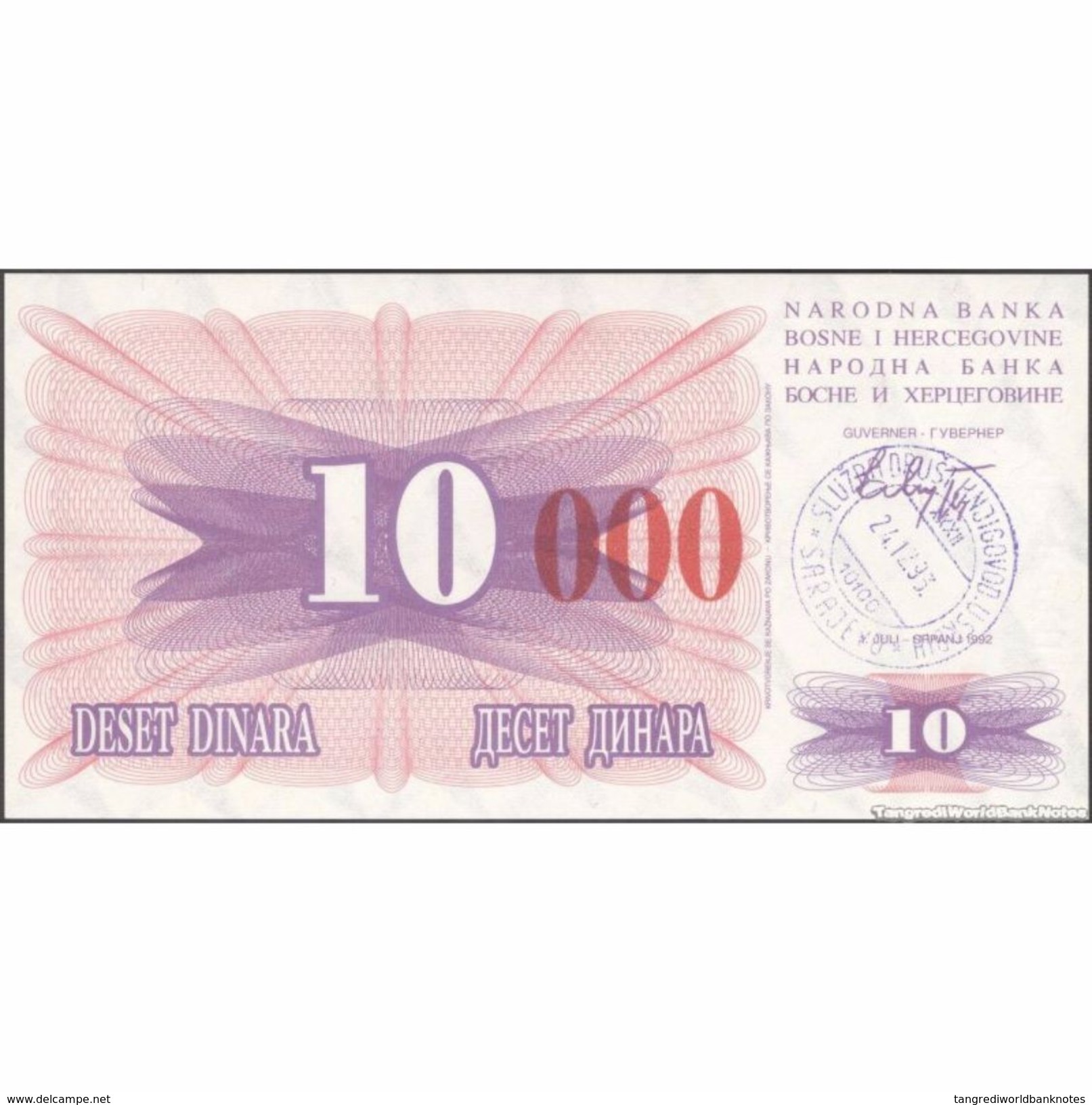 TWN - BOSNIA-HERZEGOVINA 53h - 10.000 Dinara 1993 (1992) Handstamp Date 24.12.1993 - SARAJEVO - Tall Red Zeroes UNC - Bosnia Erzegovina