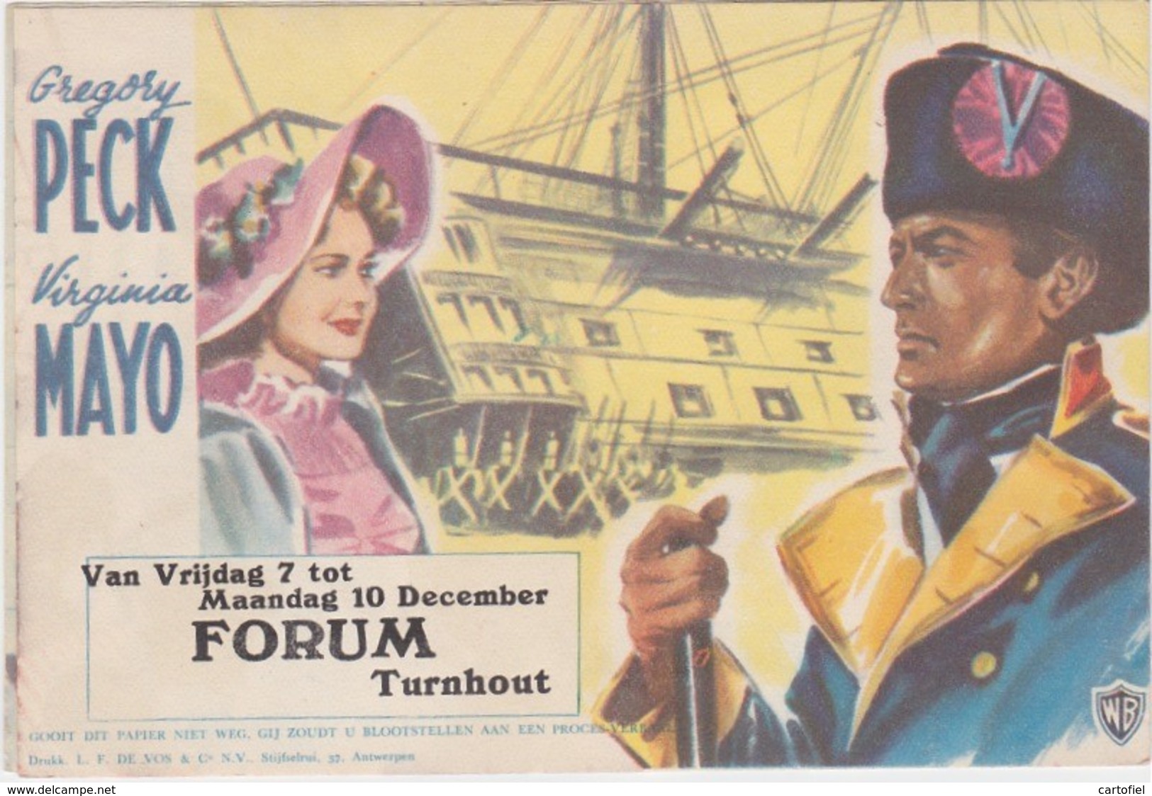 TURNHOUT-CINE-FORUM-FILM-KAPITEIN HORNBLOWER-WARNER BROS.-AFMETINGEN+-13-9CM-OPENPLOOIBAAR-ZIE DE 4 SCANS-RARE! ! - Publicité Cinématographique