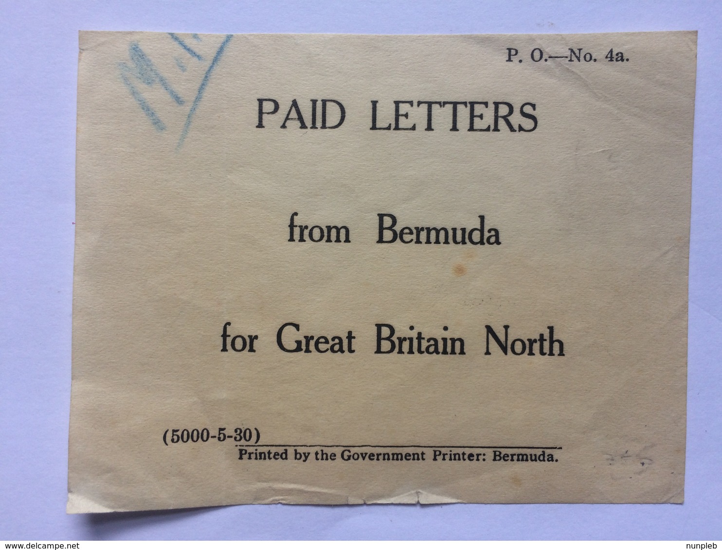 BERMUDA - Post Office Label - `Paid Letters From Bermuda For Great Britain North` - Bermuda