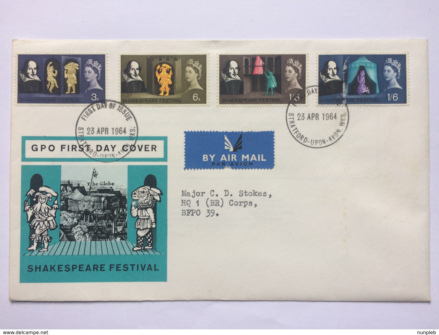 GB 1964 Shakespeare Festival FDC - Stratford Postmark - Air Mail To BFPO 39 - Covers & Documents