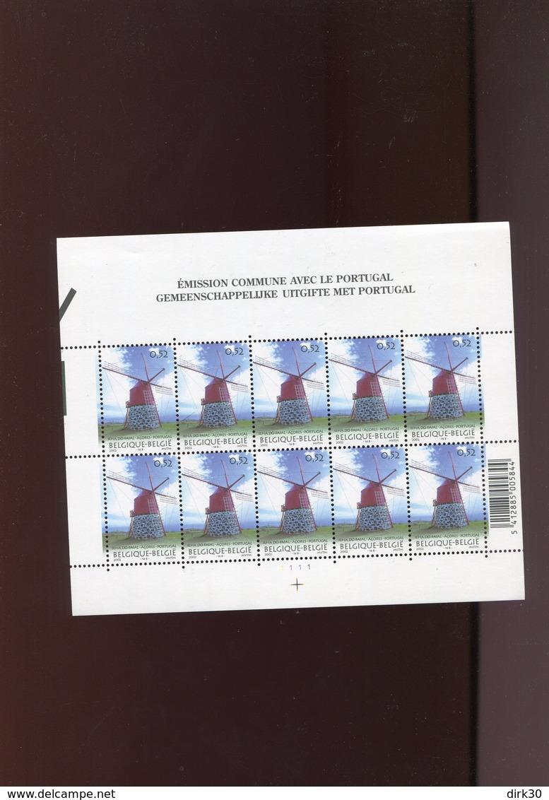 Belgie 2002 Nr 3092 Portugal JOINT ISSUE Windmills OLV Lombeek Roosdaal Acores Volledig Vel Plaatnummer 1 - Feuilles Complètes & Feuillets