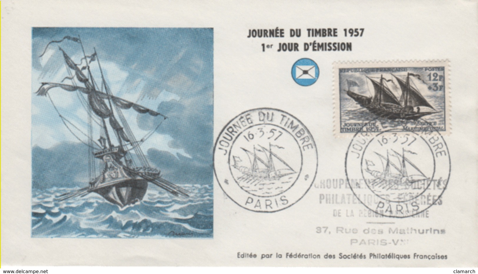 FRANCE-Premier Jour D'émission-Journée Du Timbre 1957-Service Maritime Postal-cachet De Paris Du 16.03.57 - Documents Of Postal Services