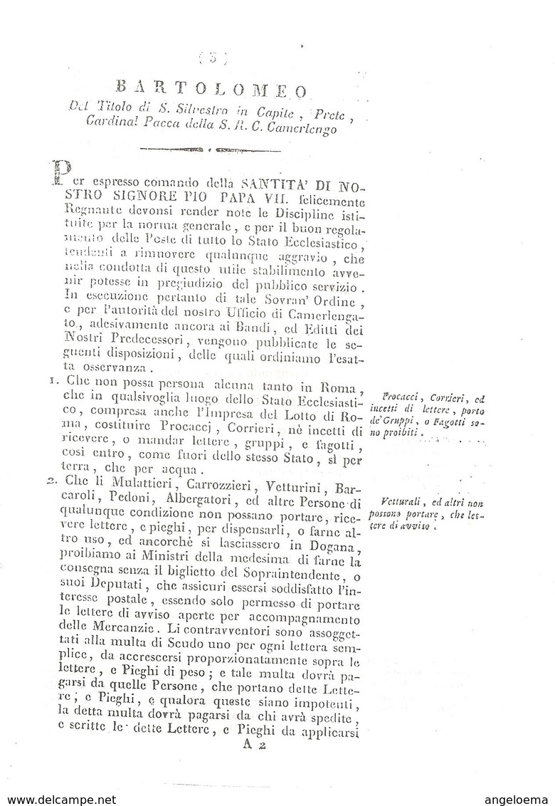 VATICANO - MDCCCXVI Bando Generale Poste Di Roma E Stato Ecclesiattico A Firma Card. Pacca Camerlengo (ristampa) 12 Pag. - ...-1929 Préphilatélie