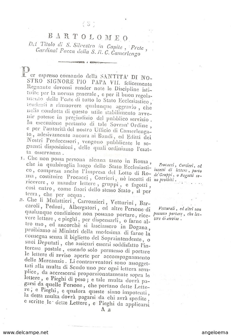 VATICANO - MDCCCXVI Bando Generale Poste Di Roma E Stato Ecclesiattico A Firma Card. Pacca Camerlengo (ristampa) 12 Pag. - ...-1929 Prephilately
