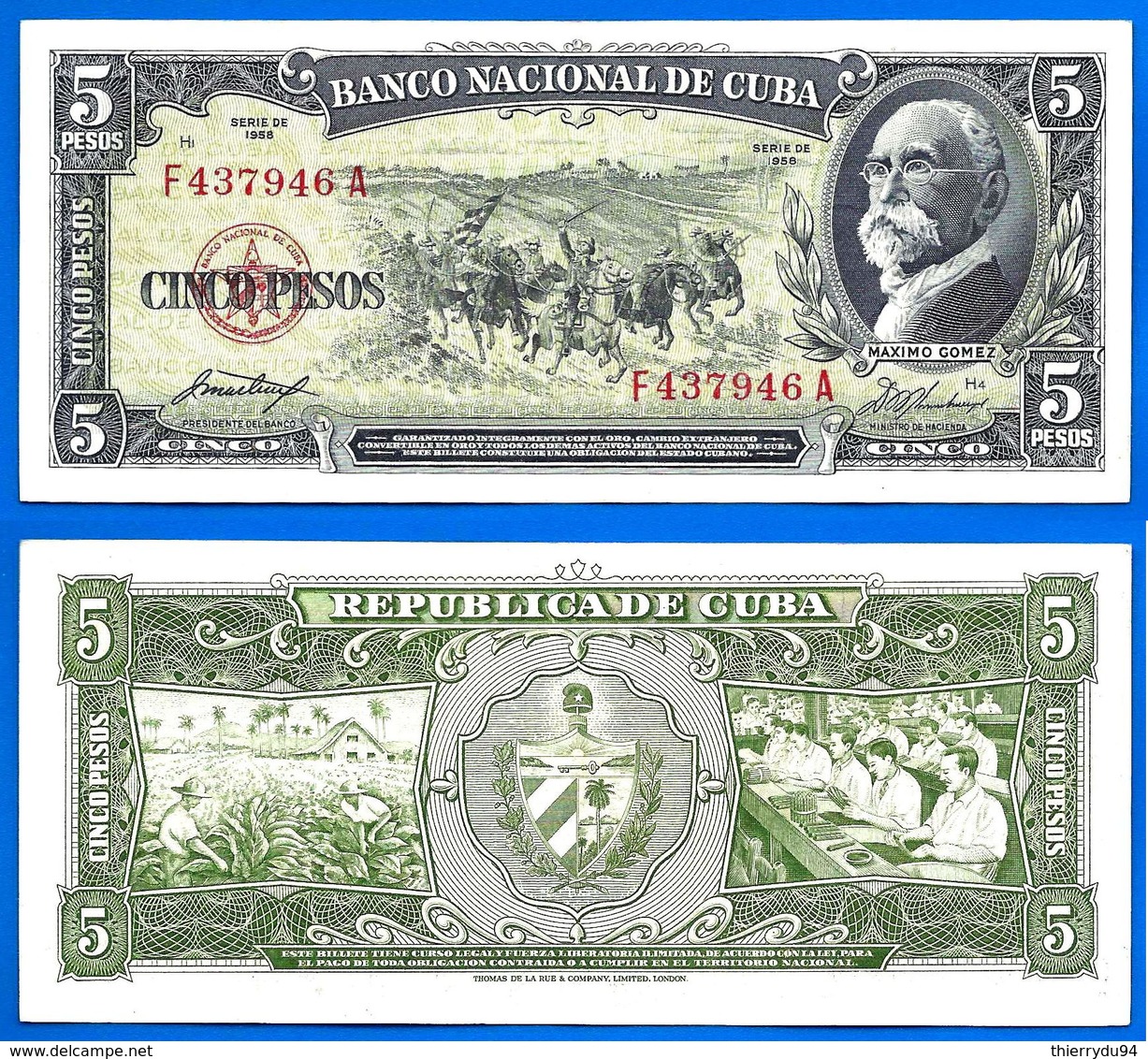 Cuba 5 Pesos 1958 Serie F Maximo Gomez Tabac Que Prix + Port Cheval Tobacco Horse Kuba Pesos Paypal Bitcoin OK - Cuba