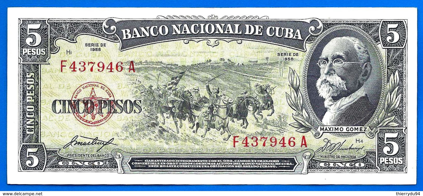 Cuba 5 Pesos 1958 Serie F Maximo Gomez Tabac Que Prix + Port Cheval Tobacco Horse Kuba Pesos Paypal Bitcoin OK - Cuba