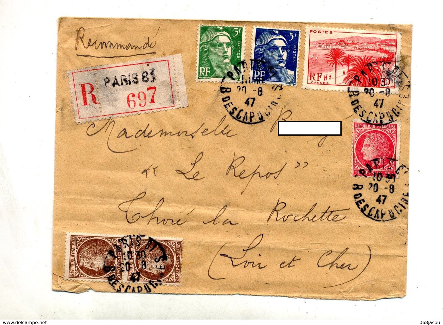 Lettre Recommandée Paris 81 Sur Cannes Ceres Gandon - Manual Postmarks