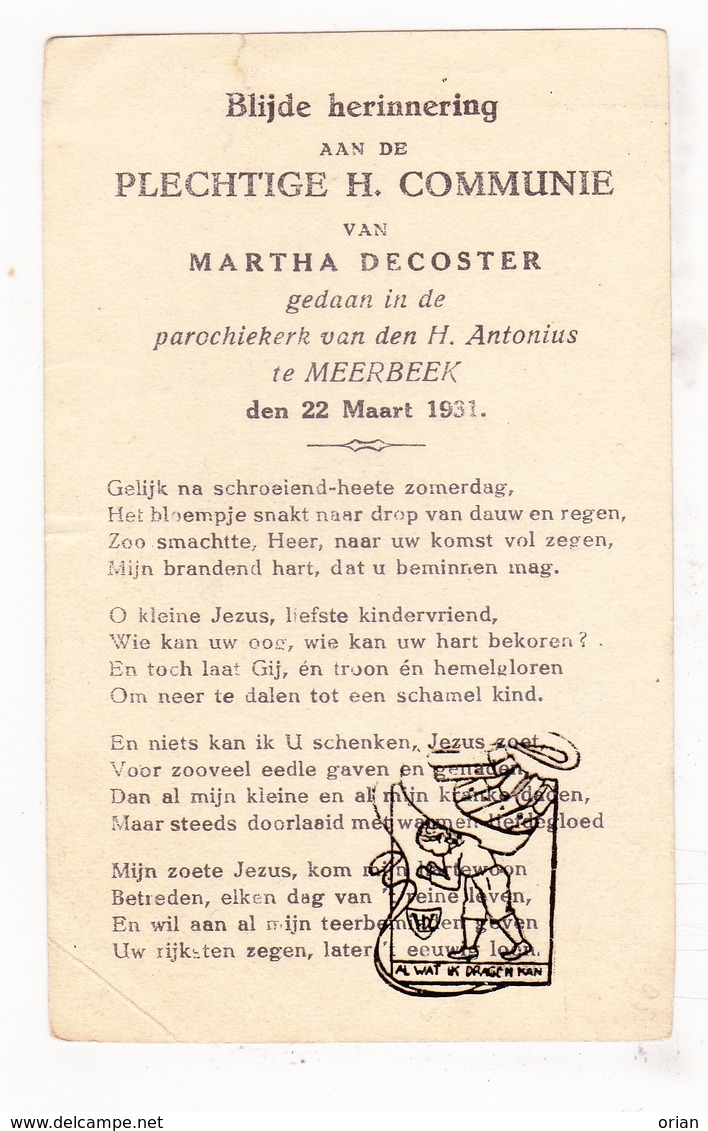 Plechtige Communie - Martha DeCoster - Meerbeek Kortenberg 1931 - Communion