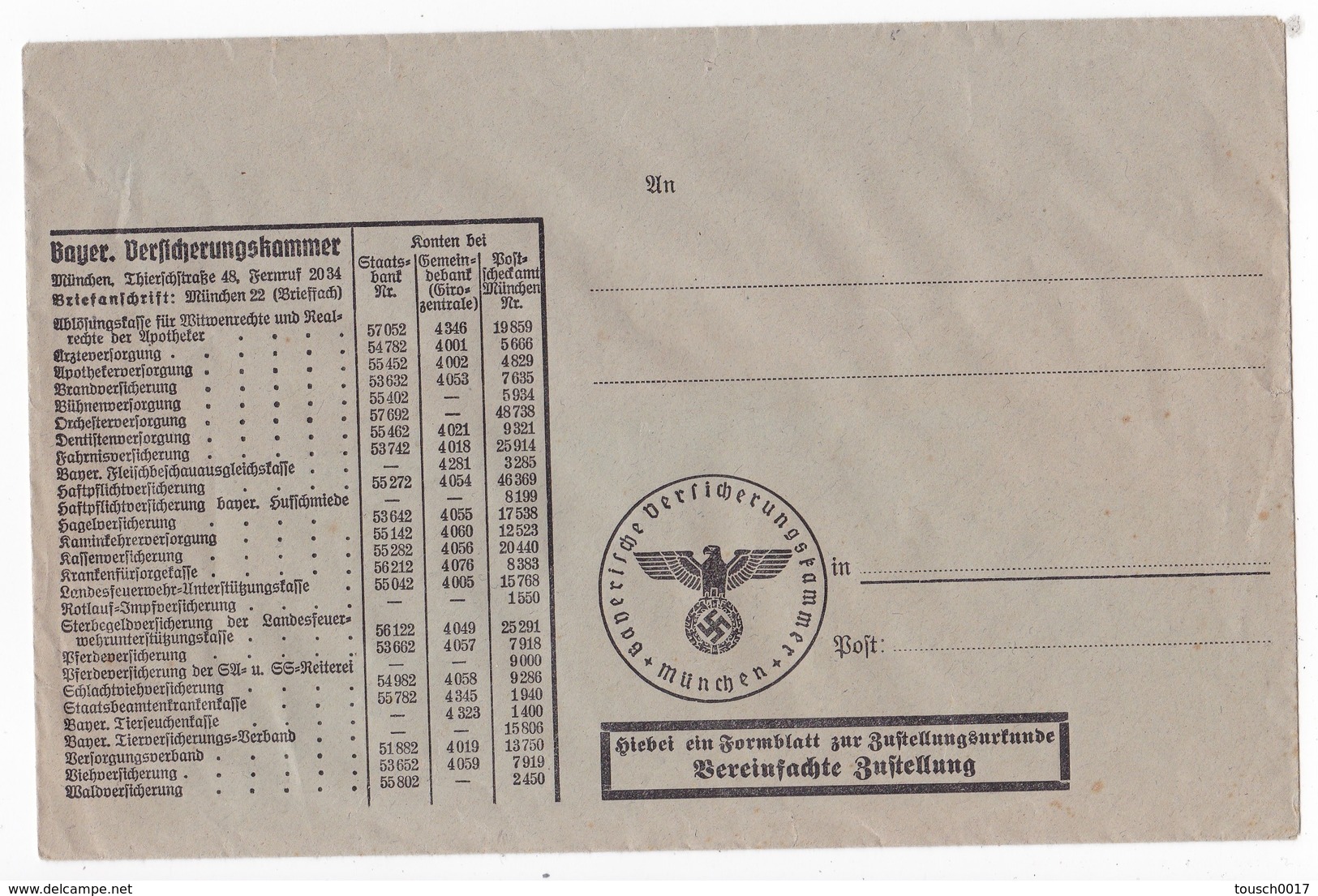 Lettre WWII Bayerische Versicherungskammer München - 1939-45