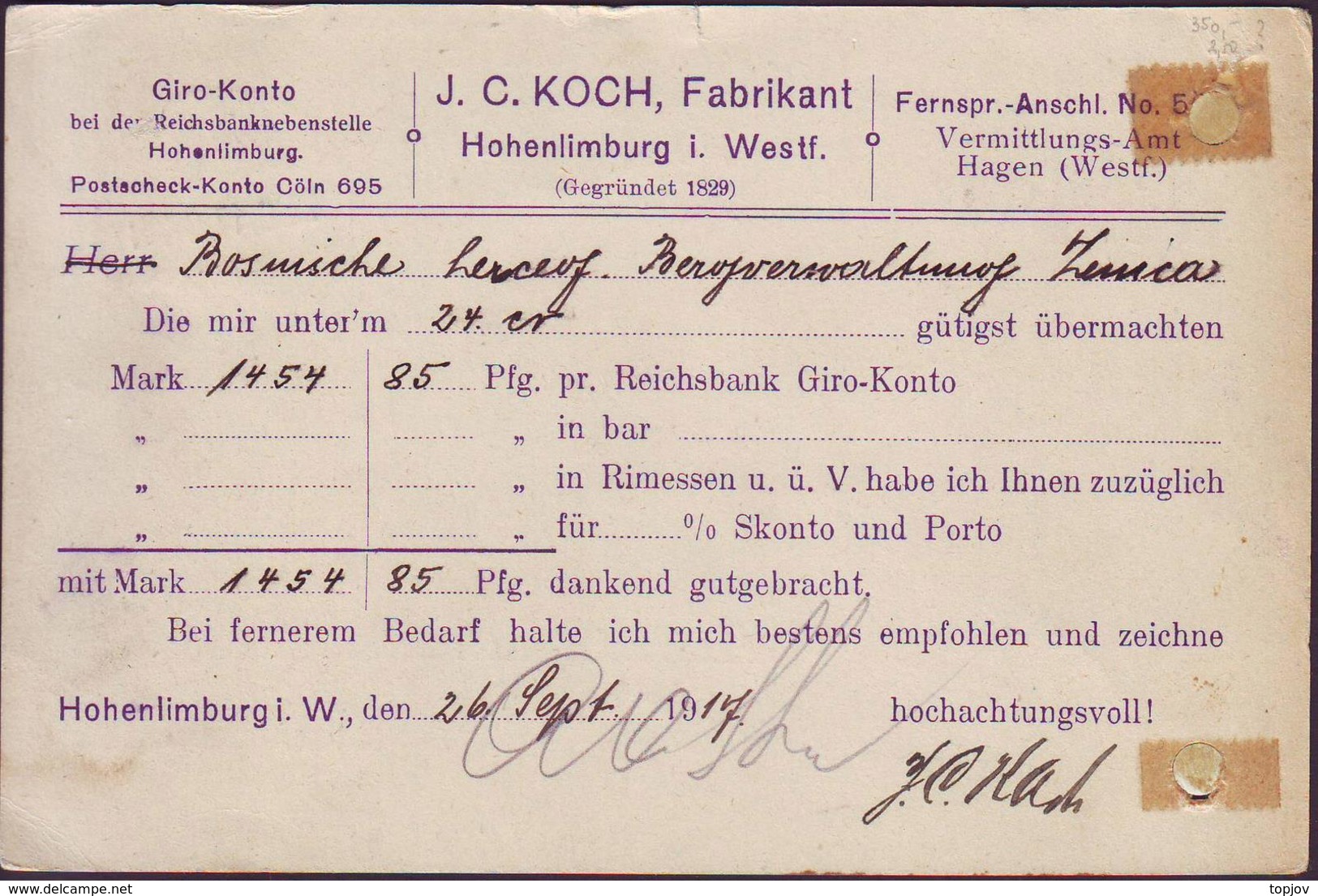 GERMANY  REICH - Perfins  J.C.KOCH  Fabrikant Hohenlimburg To Zenica Bosnia - 26. Sept. 1917. - Perforés